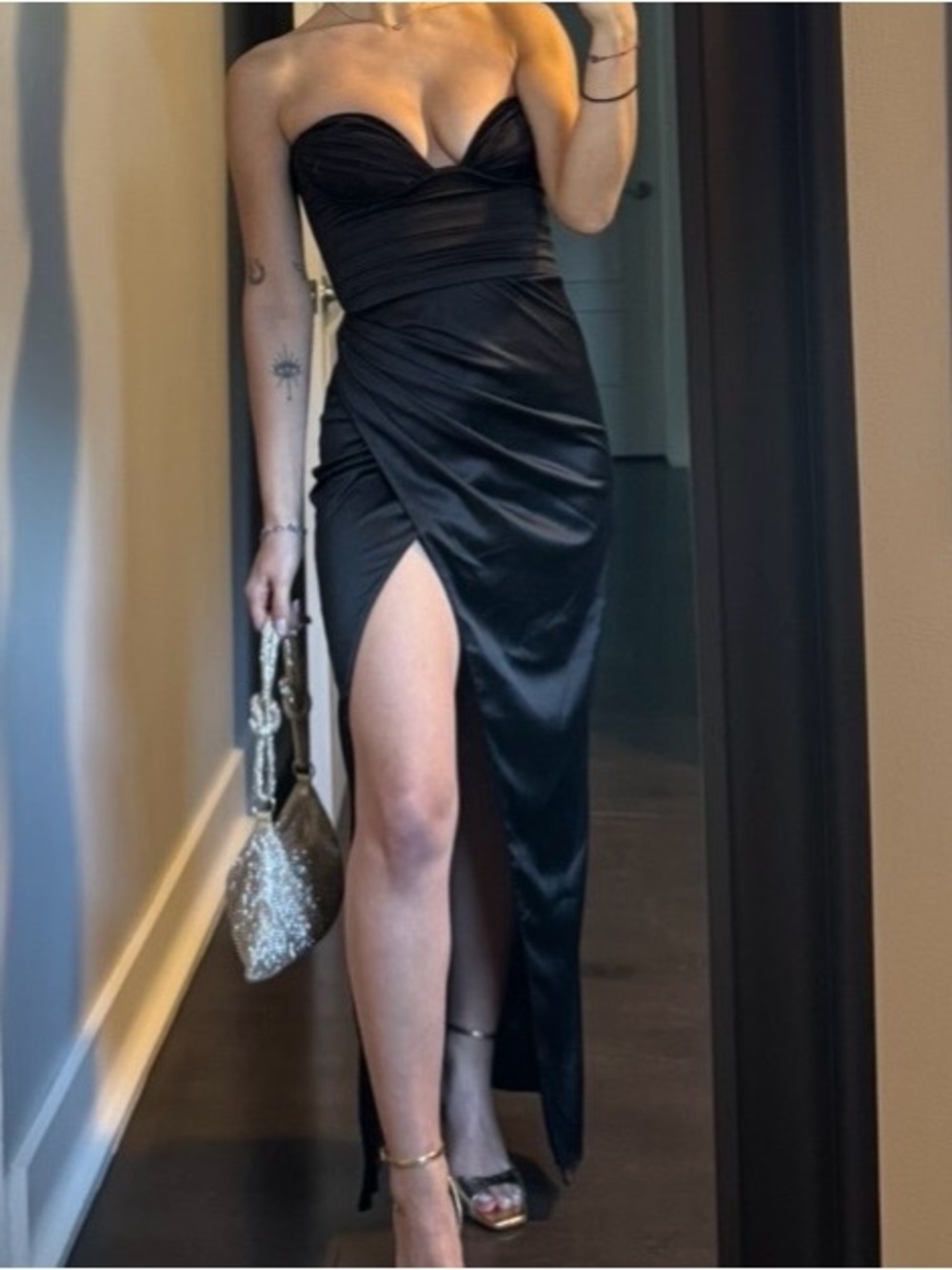 Babyboo Strapless Black Ruched Satin Maxi Dress with High Slit